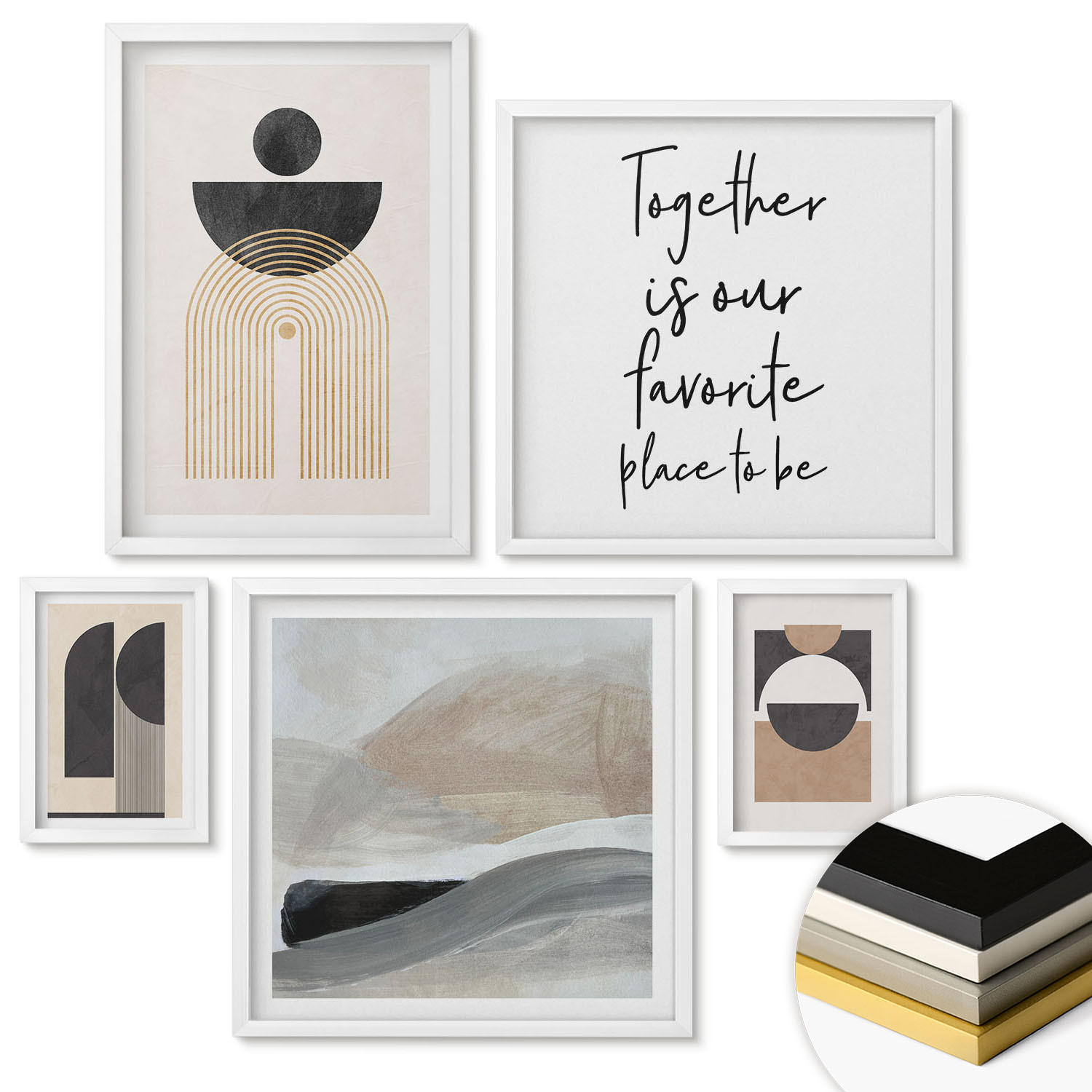 WANDBILDER 5er-Set - 50x50 cm & 20x30 cm & 40x60 cm Weißer Rahmen - Abstrakte Formen beige braun - Weiß, Kunststoff (40/60cm) - ArtPrintCave