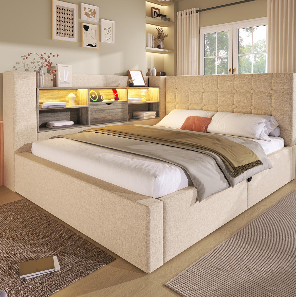 POLSTERBETT mit Stauraum 140x190 cm Beige mit LED und Ladeanschlüssen - Beige, Metall (140/190cm) - Meubliv