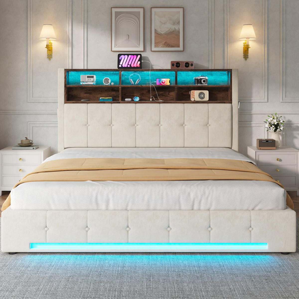 POLSTERBETT 160x200 cm in Beige mit Bettkasten, LED-Beleuchtung und USB-C-Anschluss - Beige, Metall (160/200cm) - IVMEU