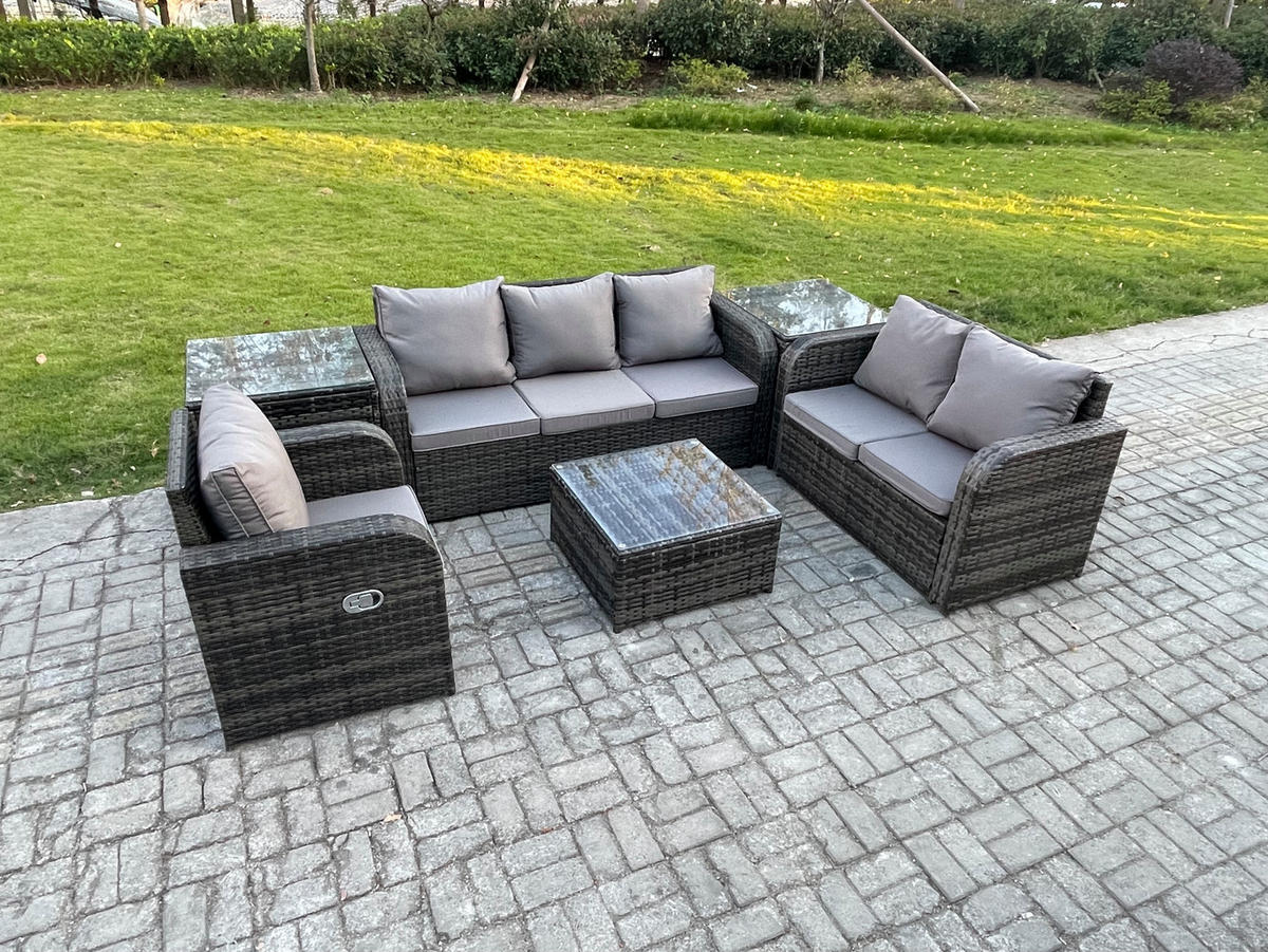 GARTENTISCHGRUPPE Polyrattan Dunkelgrau 6-teilige - Dunkelgrau/Grau, Glas/Kunststoff - Fimous