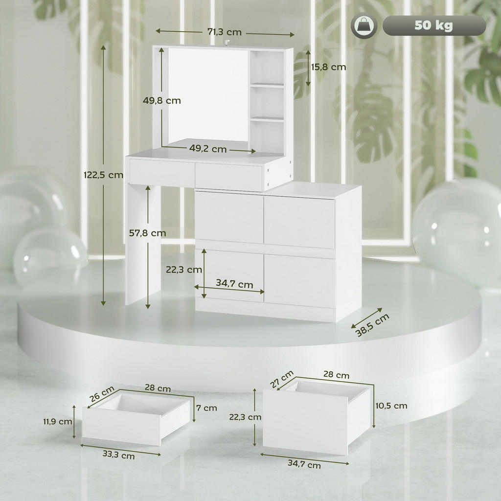 Thumbnail - Homcom Schminktisch, Weiß, Holzwerkstoff, 71.3x122.5x38.5 cm, Schlafzimmer, Schminktische