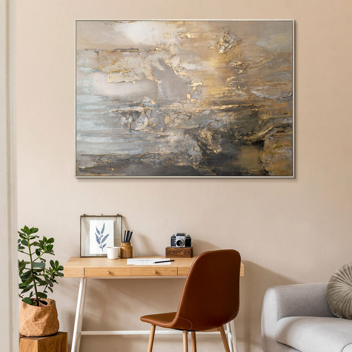GEMÄLDE Goldene Horizonte II Schattenfugenrahmen Beige 140x100 cm - Beige, Holz (140/100cm) - YS-art gallery
