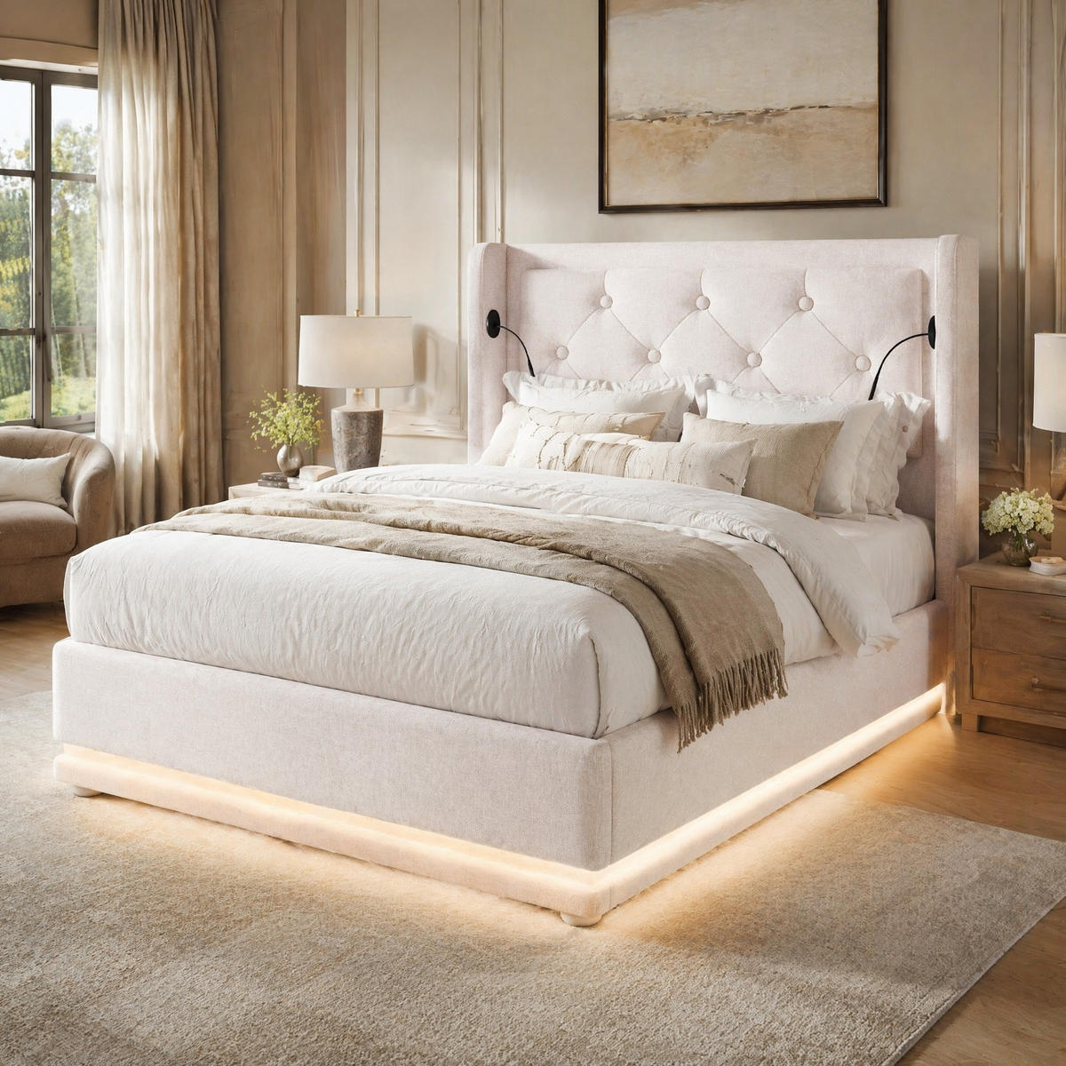 ČALOUNĚNÁ POSTEL 90/200 cm v béžové barvě s úložným prostorem, LED a USB-C - béžová, kov/kompozitní dřevo (90/200cm) - CHICFURN