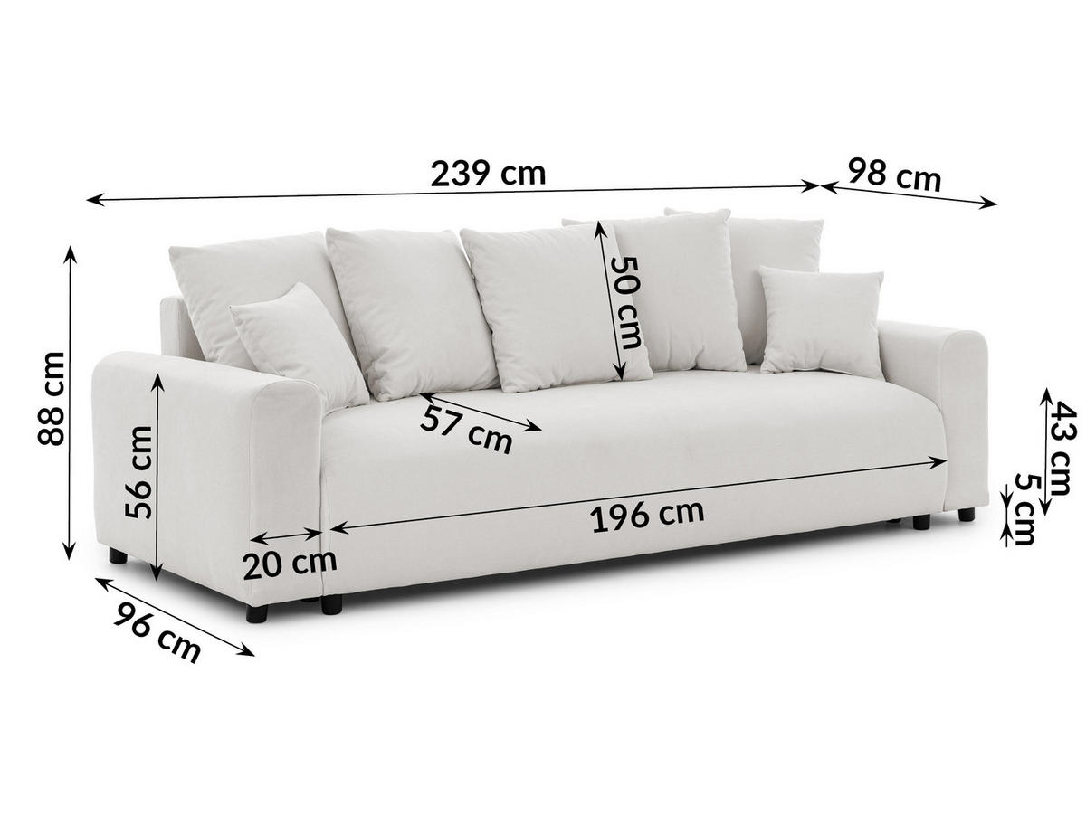 SCHLAFSOFA Calma mit Bettkasten im Bumpy-Design aus weichem Creme Webstoff - Creme/Schwarz, Holz/Kunststoff (239/88/98cm) - S-Style