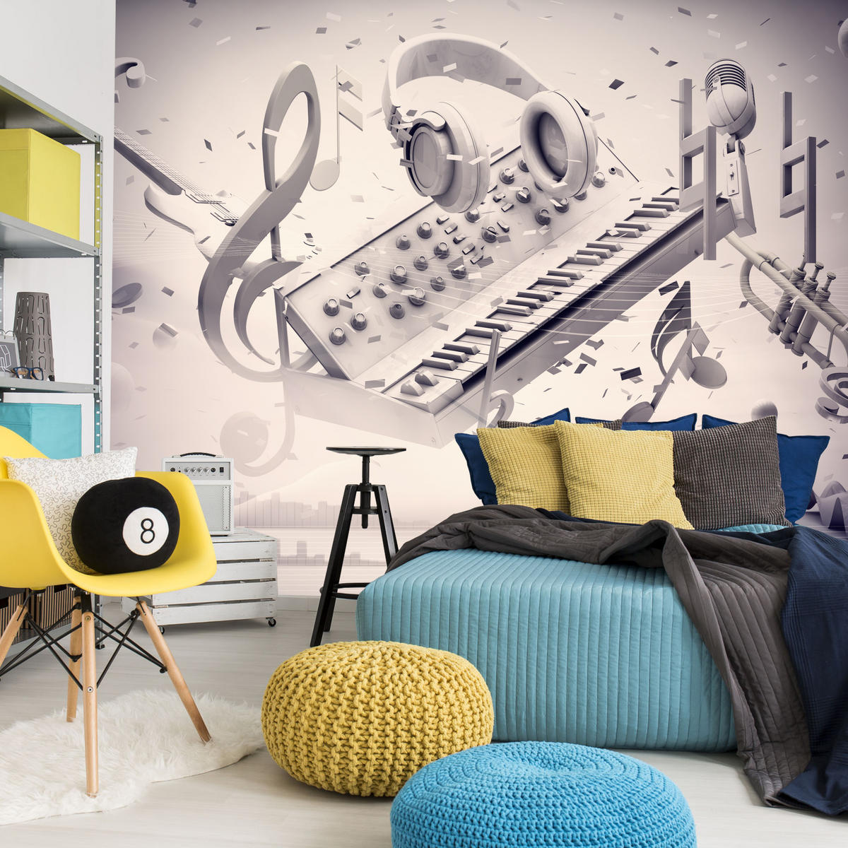 FOTOTAPETE für Jugendzimmer Modern Kollage Musik Klavier Noten Kopfhörer 100x70 - Grau, Papier (100/70cm) - Muralo