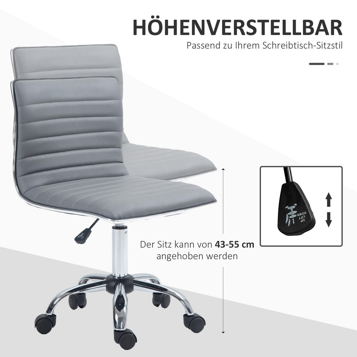BÜROSTUHL mit Rückenlehne, Hellgrau - Hellgrau, Metall (48/90/52cm) - HOMCOM