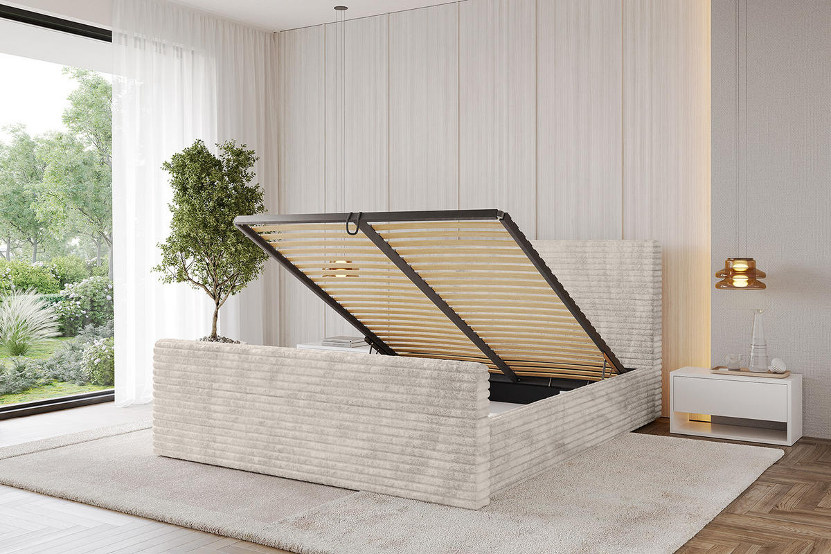 POLSTERBETT mit Bettkasten, Fußteil und Lattenrost, Boxbett ohne Matratze - ALOVA-Z 120x200 Creme - Creme, Holzwerkstoff/Textil (120/200cm) - ALTDECOR