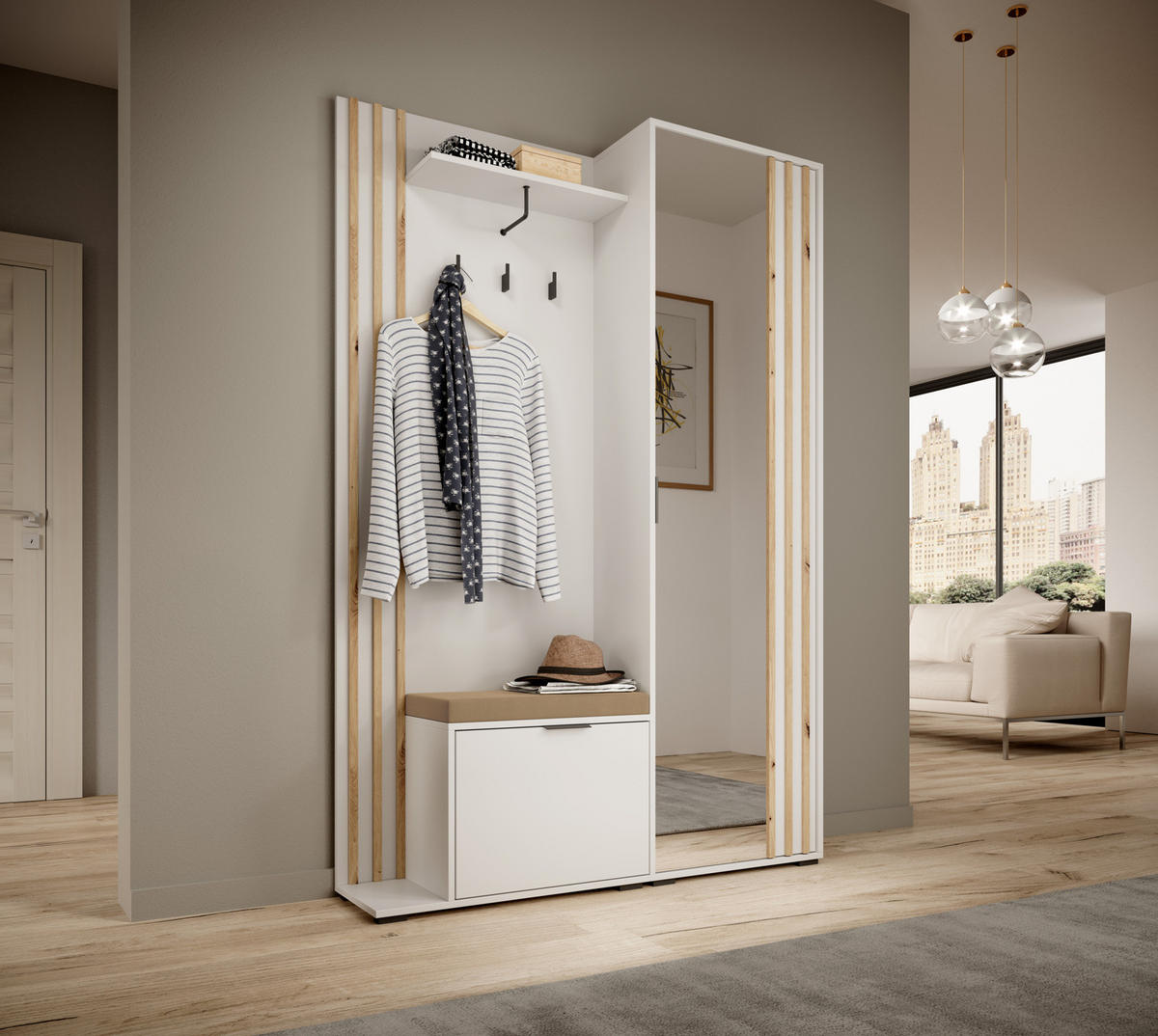 GARDEROBE STILO 131 cm (Weiß, Lamellen Artisan Eiche, Spiegel, Sitzkissen, Metallgriffe) - Schwarz/Weiß, Holz/Holzwerkstoff (131/192/40cm) - Ravio
