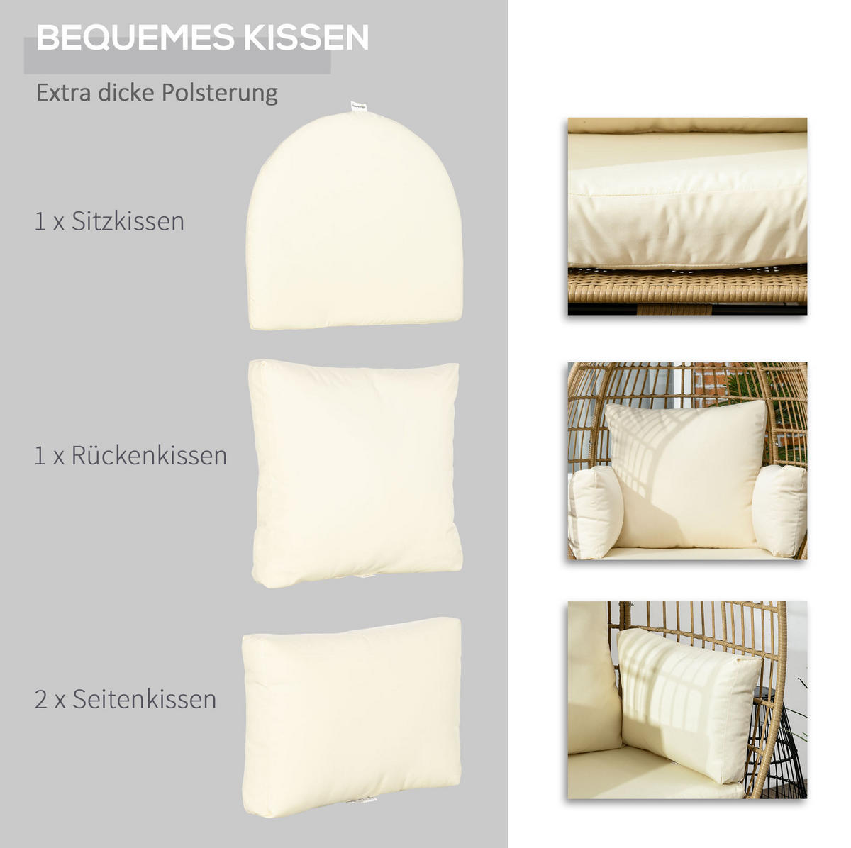 GARTENSESSEL 105/90/148 cm mit Sitz- und Rückenkissen, verstellbaren Füßen und Stahlgestell in Rattanoptik, Khaki - Beige, Metall (105/148/90cm) - Redom