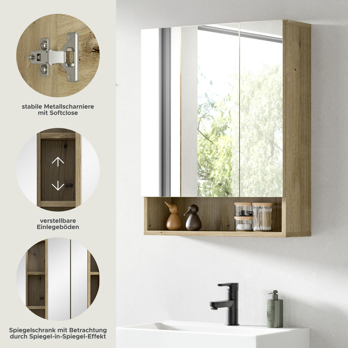 SPIEGELSCHRANK Aqua Evoke Oak 60/18/74 cm - Braun, Holzwerkstoff (60/74/18cm) - Xonox