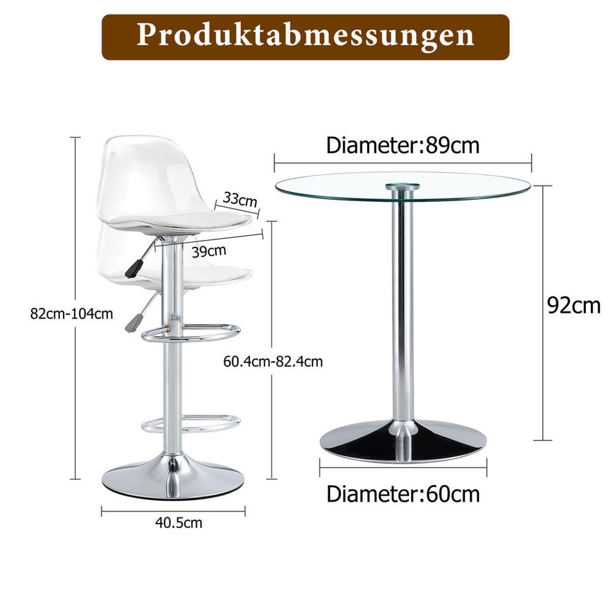 TISCHGRUPPE 3-tlg Glastisch 89 cm mit 2 Hocker Silber Höhenverstellbar - Silberfarben, Glas/Metall (49.5/50/51cm) - Raelunyi