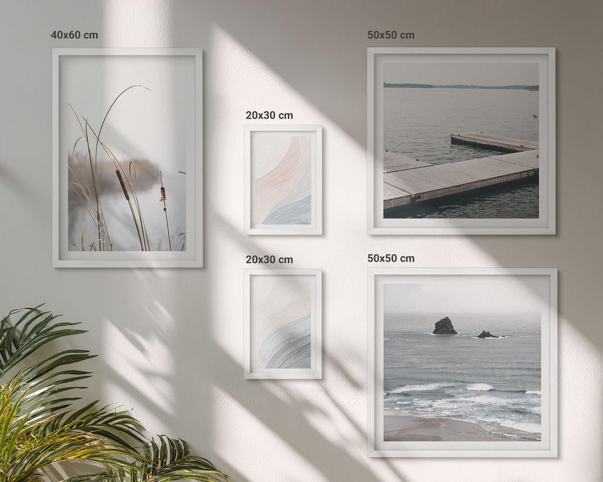 WANDBILDER 5er-Set - 50x50 cm & 20x30 cm & 40x60 cm Weißer Rahmen - Abstrakte Pastellwellen - Weiß, Kunststoff (40/60cm) - ArtPrintCave