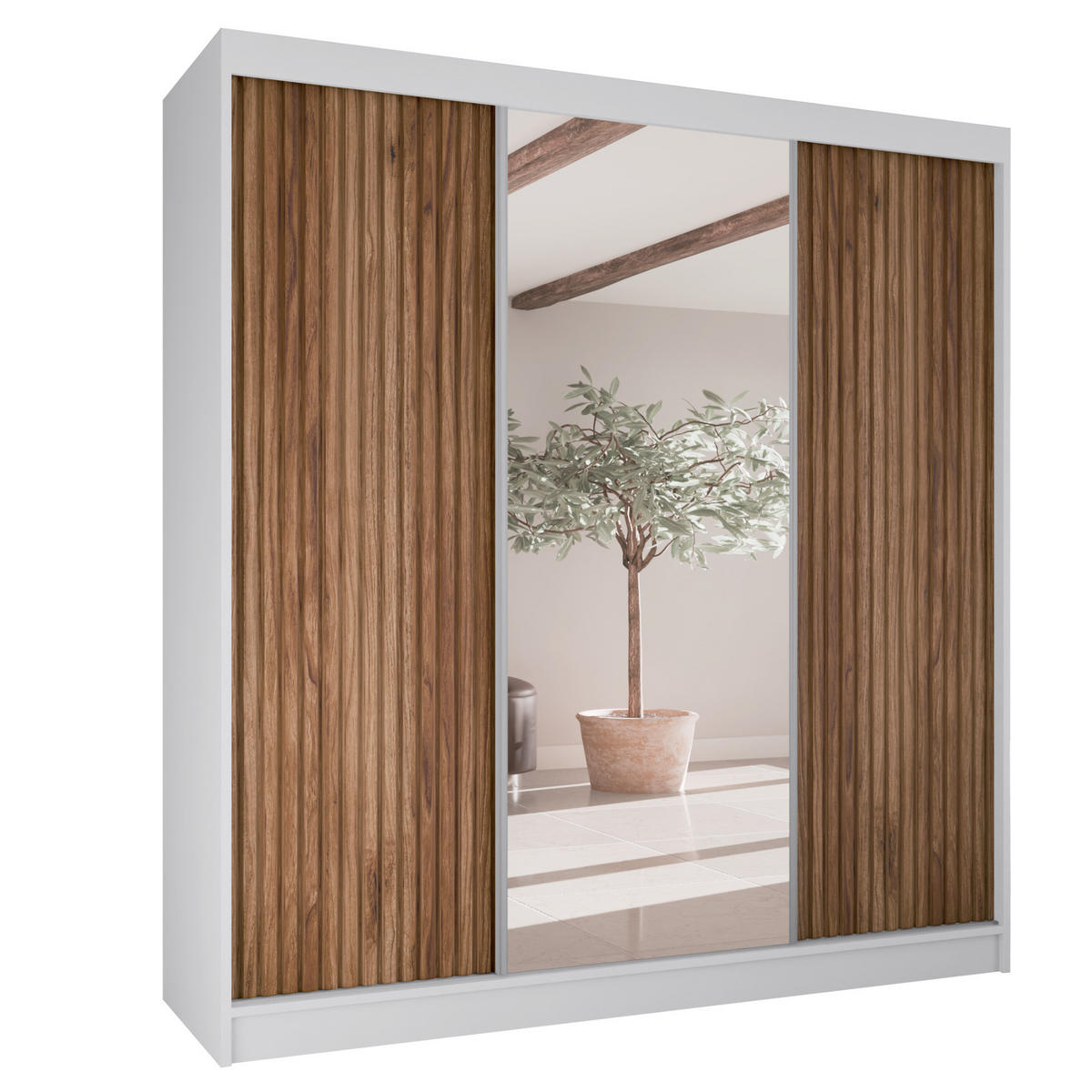 SCHWEBETÜRENSCHRANK Rafi mit Spiegel und mit geriffelten Fronten, 200 cm, Weiß+eichefarben - Eichefarben/Weiß, Holzwerkstoff (200/215/61cm) - AN-Moebel 4u