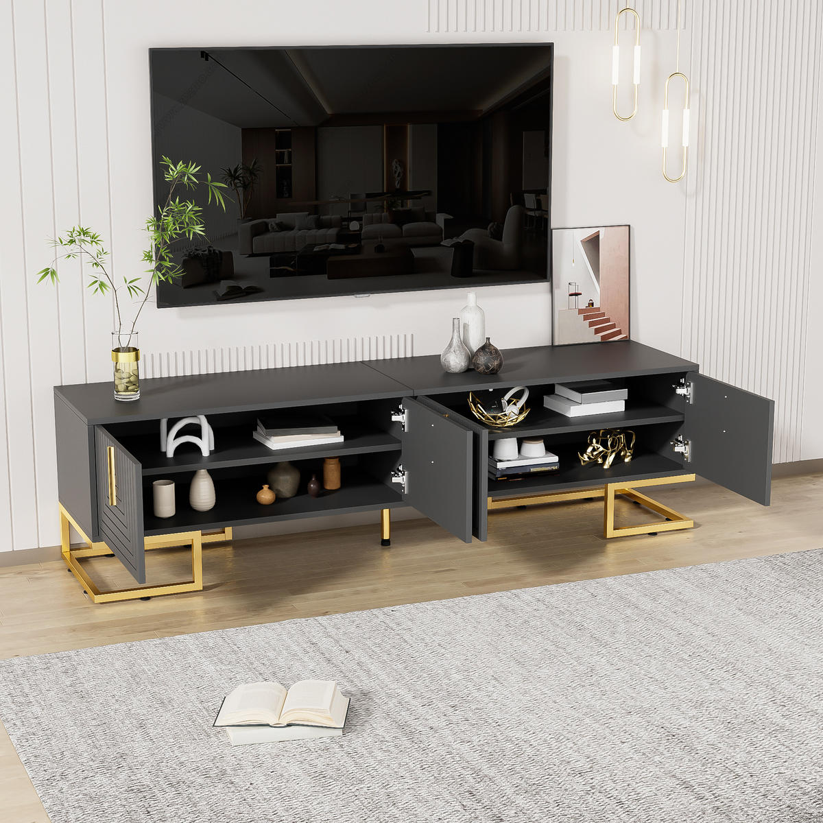 TV-ELEMENT 170/40/45.5 cm Grau mit strukturierter Tür, goldenen Griffen und goldenen Füßen - Grau, Holz (170/45.5/40cm) - Oxeza