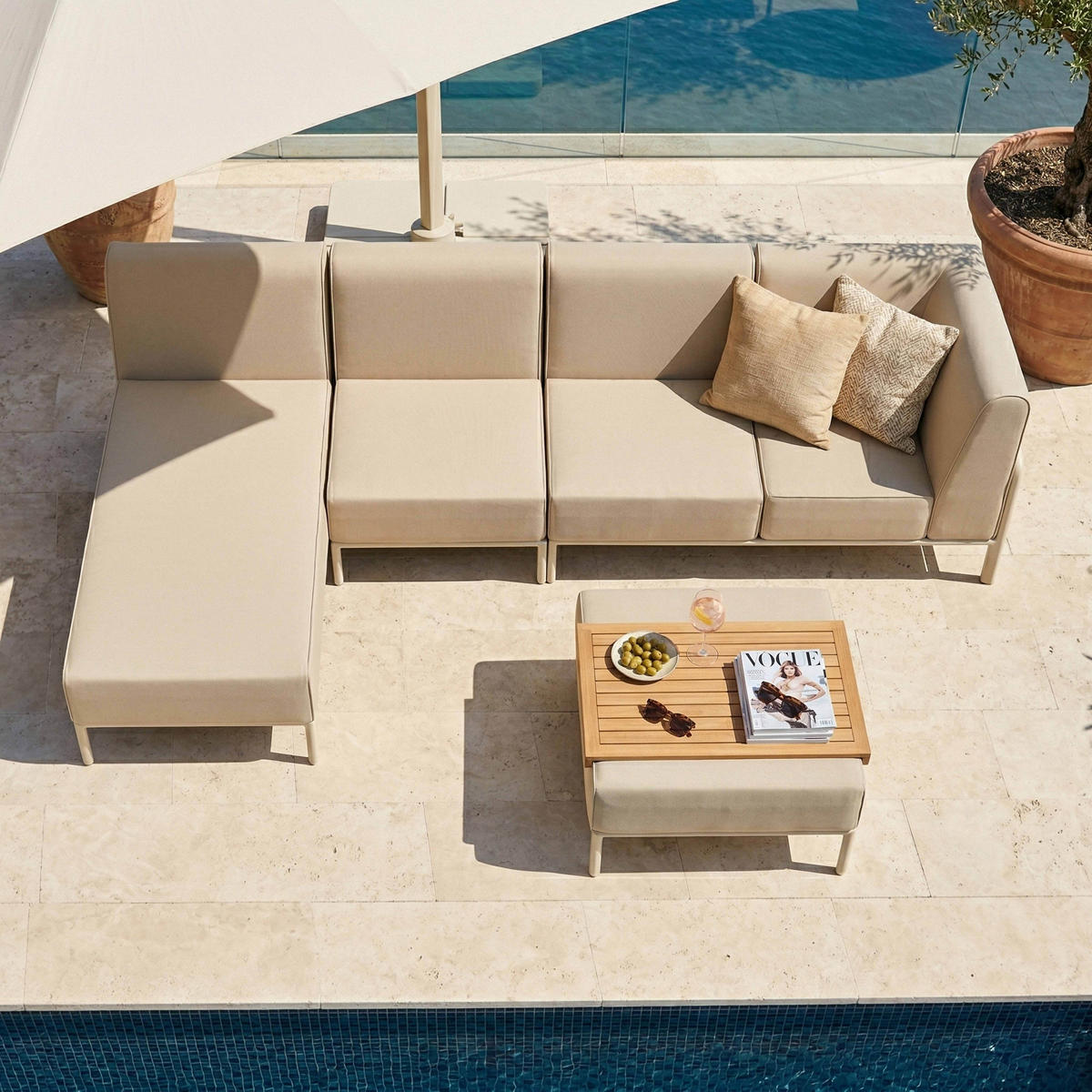GARTENSOFA mit 5 Sitzplätzen, Beige - Beige, Textil (153/78/360cm) - Oviala