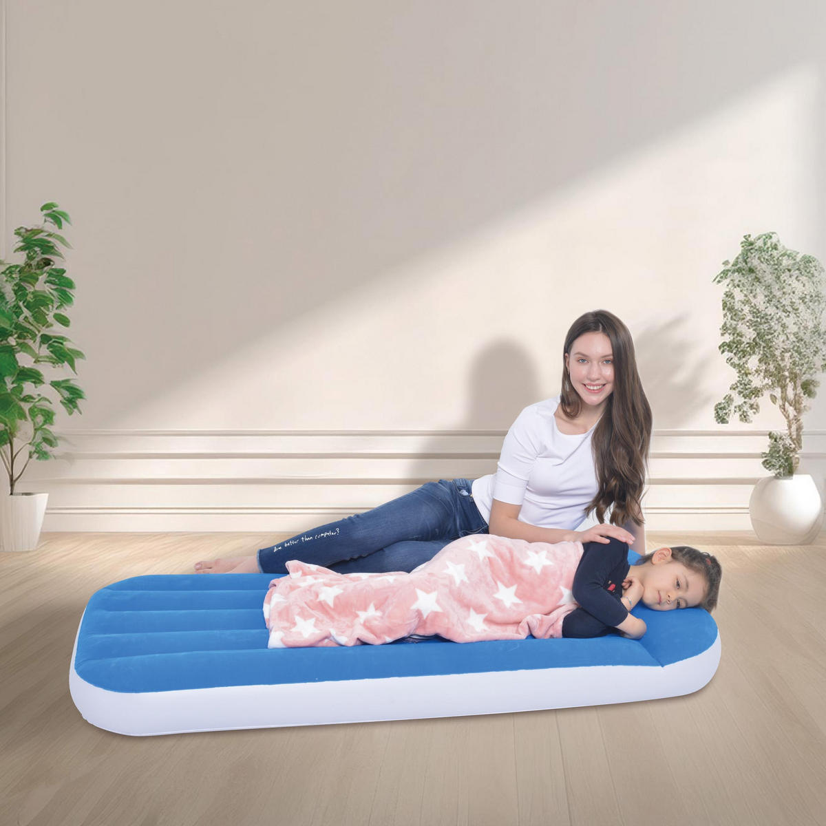 LUFTBETT Luftmatratze Camping Kinder 157 x 66 x 23 cm blau aufblasbar ohne Pumpe - Blau, Kunststoff (66/157cm) - Avenli