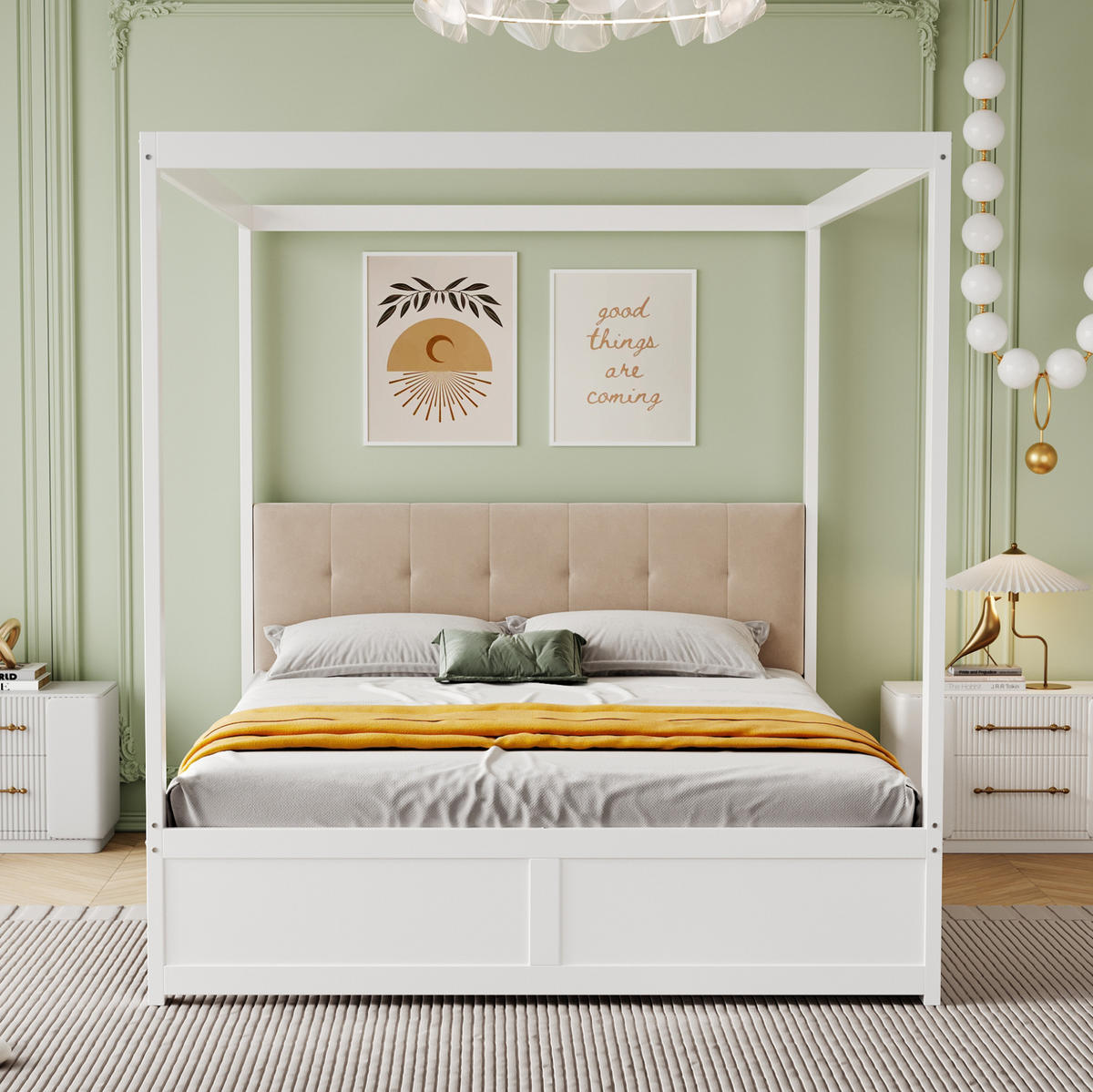 BETT 140/200 cm in Weiß mit Zeltdesign, 2 Schubladen und gepolsterter Rückenlehne - Weiß, Holz (140/200cm) - Flora Grace