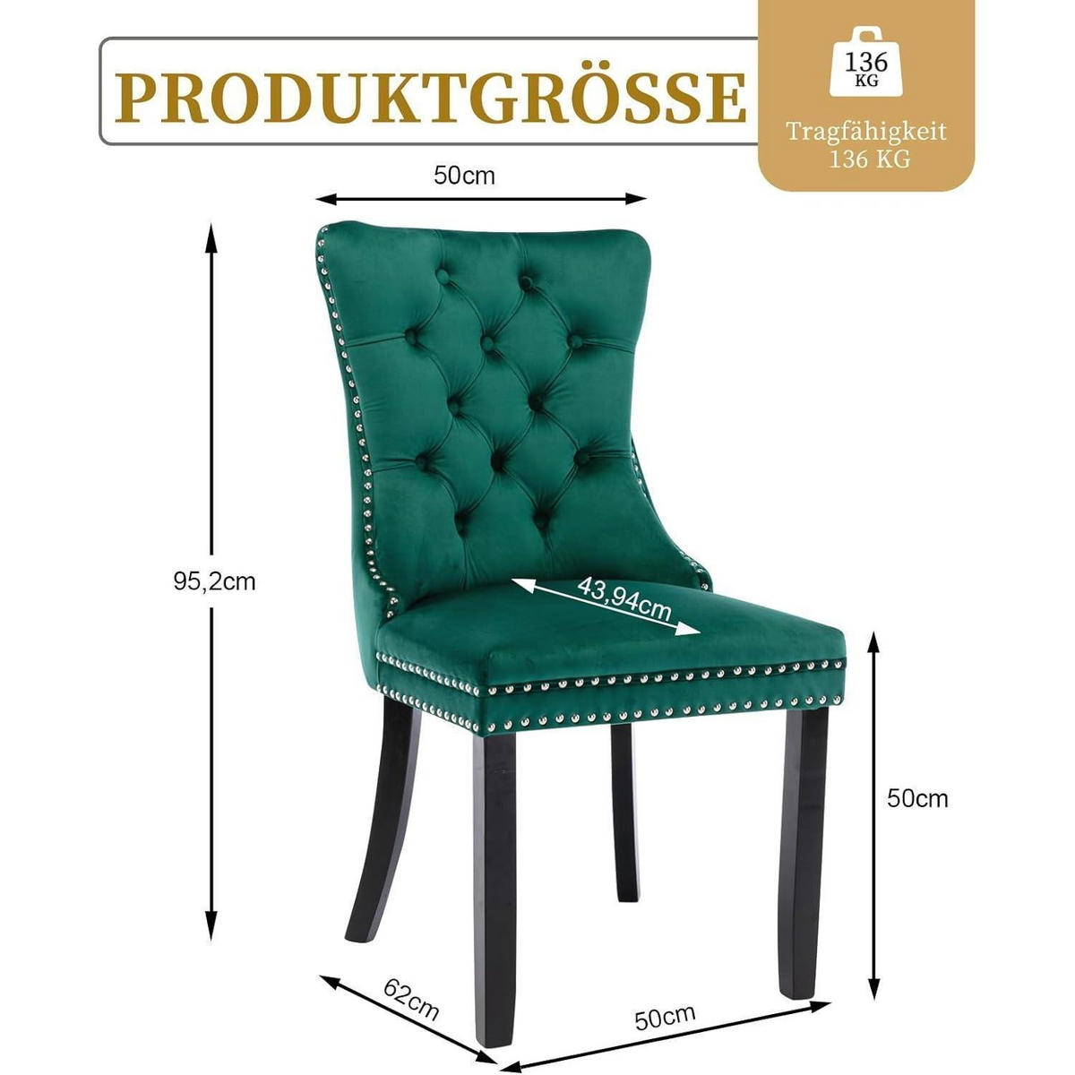 ESSZIMMERSTUHL 2er-Set Samt Grün mit Massivholzbeinen - Grün, Textil (50/95.2/62cm)