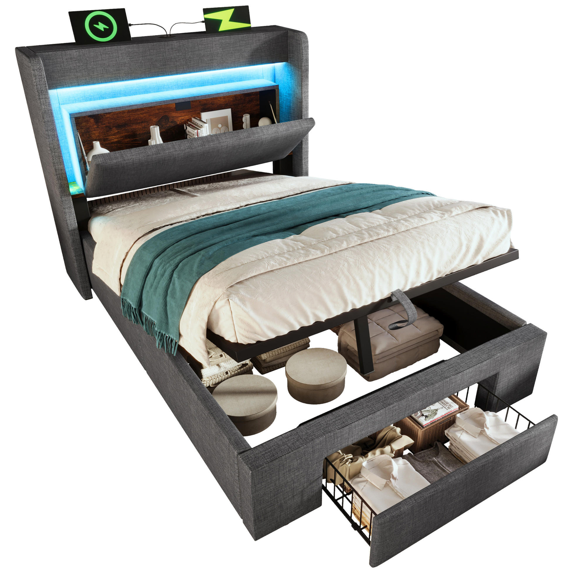 POLSTERBETT mit Bettkasten 90/200 cm in Grau mit LED-Beleuchtung und USB-Anschluss - Grau, Textil (90/200cm) - BEAOK