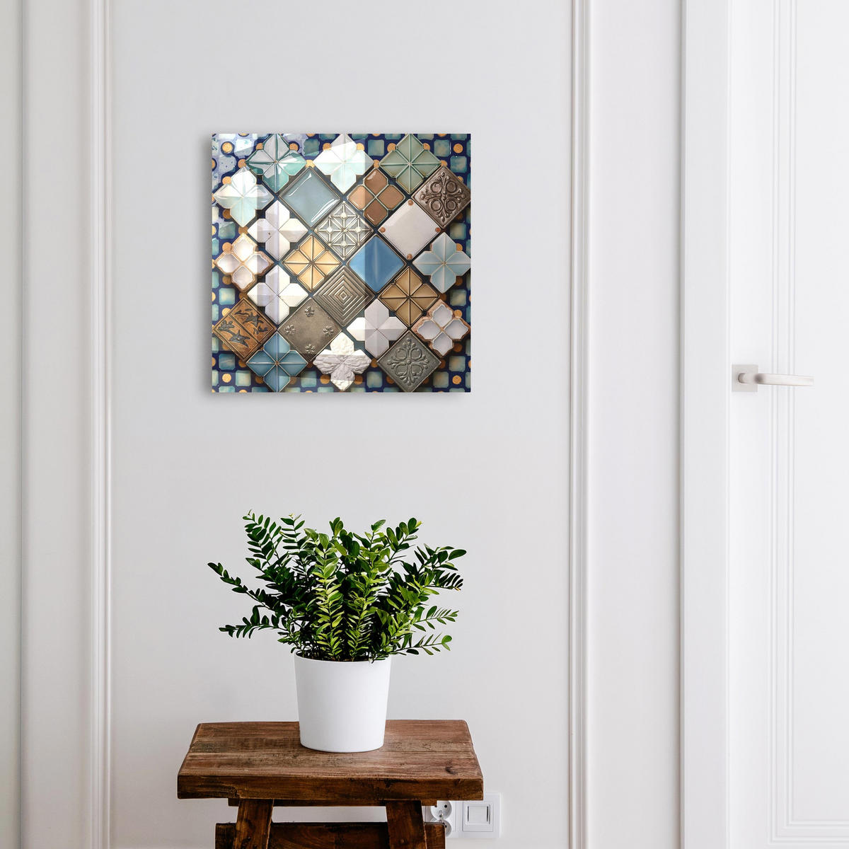SCHLÜSSELBOX Weiß 30x30 cm – Türöffnung nach rechts - Fliesenmuster - Blau, Metall (30/30/5cm) - TULUP