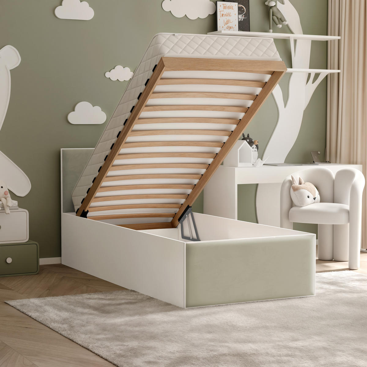 POLSTERBETT SASHI 90/200 cm Bettkasten, ohne Matratze, Weiß / Graugrün - Salbeigrün, Holz/Holzwerkstoff (90/200cm) - Idohome