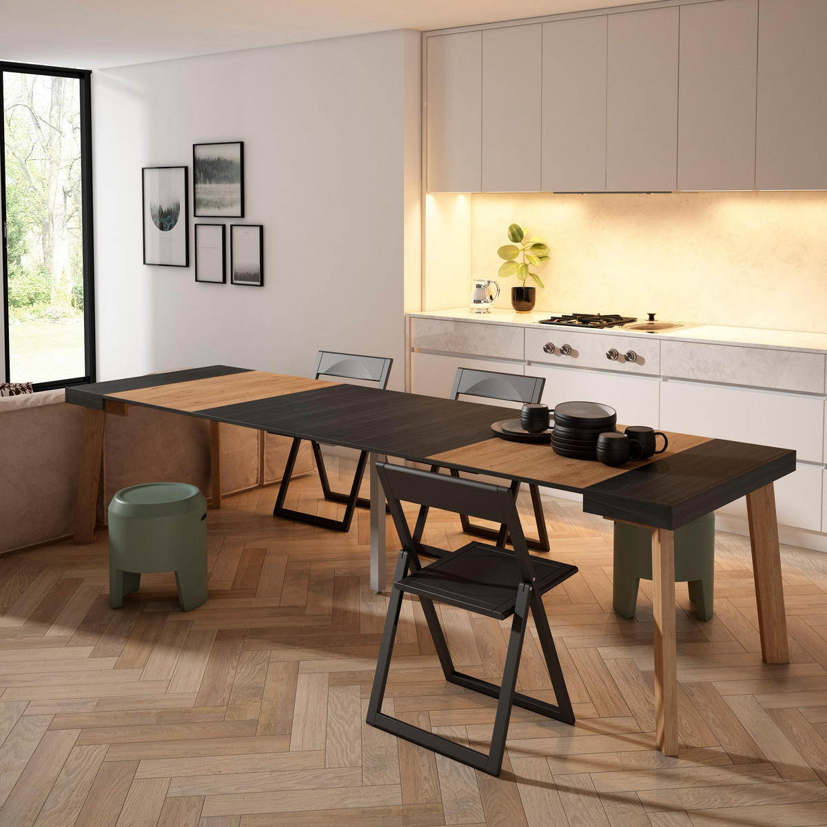 KONSOLENTISCH ausziehbar 58 bis 302cm, für 14 Gäste, schwarz eiche, 90/58/73cm - Eichefarben/Schwarz, Holzwerkstoff (90/302/73cm) - Skraut Home