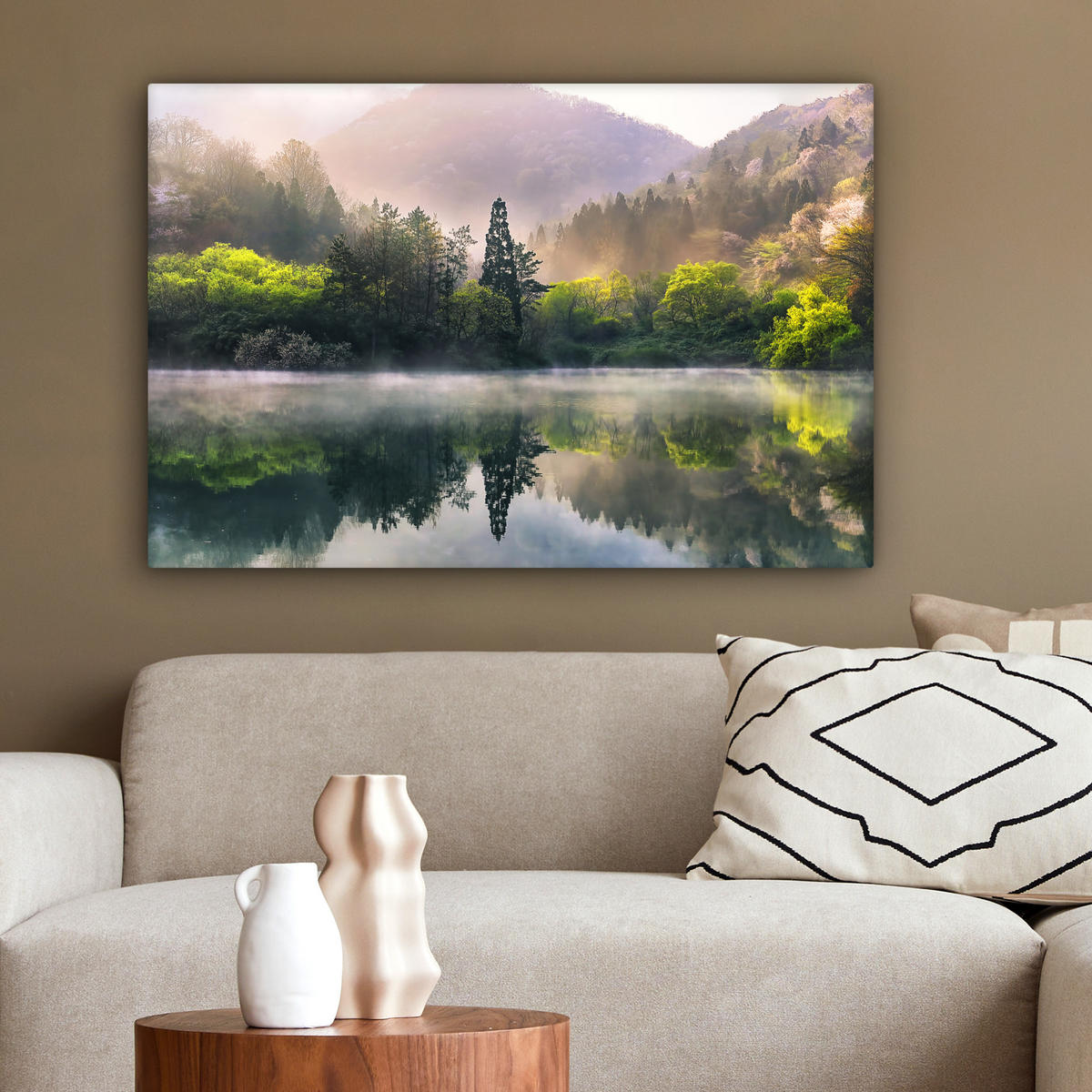 LEINWANDBILD Natur - Bäume - Berge - See - Wasser Wanddeko 90x60 cm - Hellgrün, Textil (90/60cm) - MuchoWow