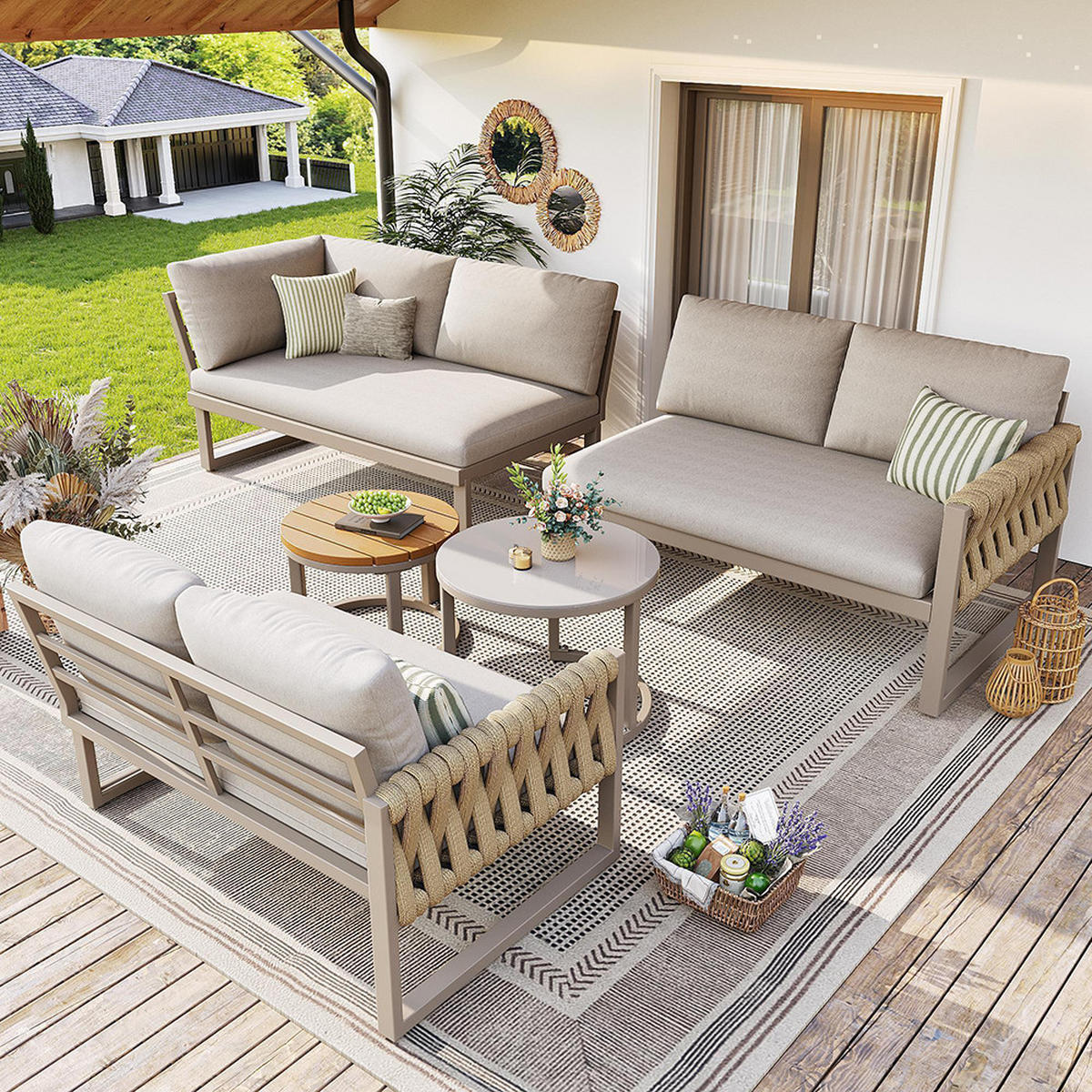 GARTENMÖBELSET für 5-6 Personen in Beige, inklusive aller Sitz- und Rückenkissen - Beige, Metall - KOMHTOM