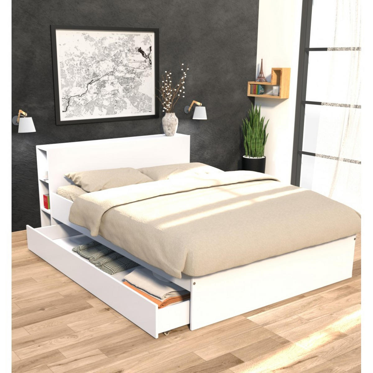 BETT mit Hopfteil und Schublade RIGA/ Bett 140x190 - Weiß - Weiß, Holzwerkstoff (140/190cm) - Weber Industries