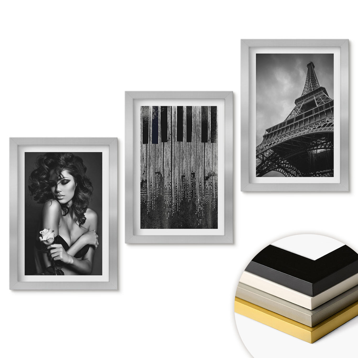 WANDBILDER 3er Set - 20x30 cm Silberner Rahmen - Porträt einer Frau mit einer Eiffel-Rose - Silberfarben, Kunststoff (20/30cm) - ArtPrintCave
