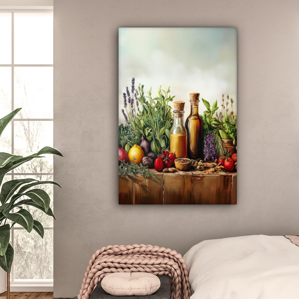 LEINWANDBILD Stilleben - Kräuter - Gewürze - Früchte - Farbenfroh Deko Groß 90x140 cm - Grün, Textil (90/140cm) - MuchoWow