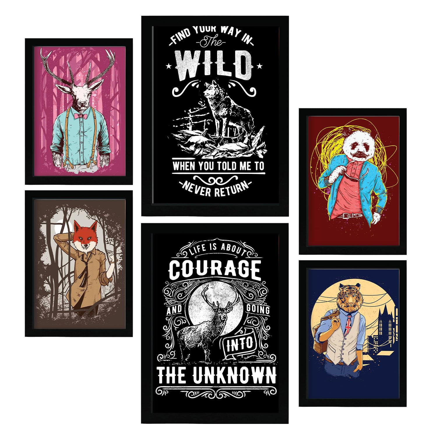 POSTER Set Mit 6 Wild In Rustikale Zitate A3 & A4 Schwarzer Rahmen - Schwarz, Papier (29/3cm) - Nacnic