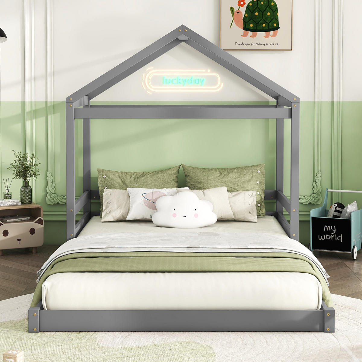 HAUSBETT aus Kiefernholz und MDF 140x200 cm Grau mit Lattenrost in Hausform - Grau, Holzwerkstoff (140/200cm) - Modfu