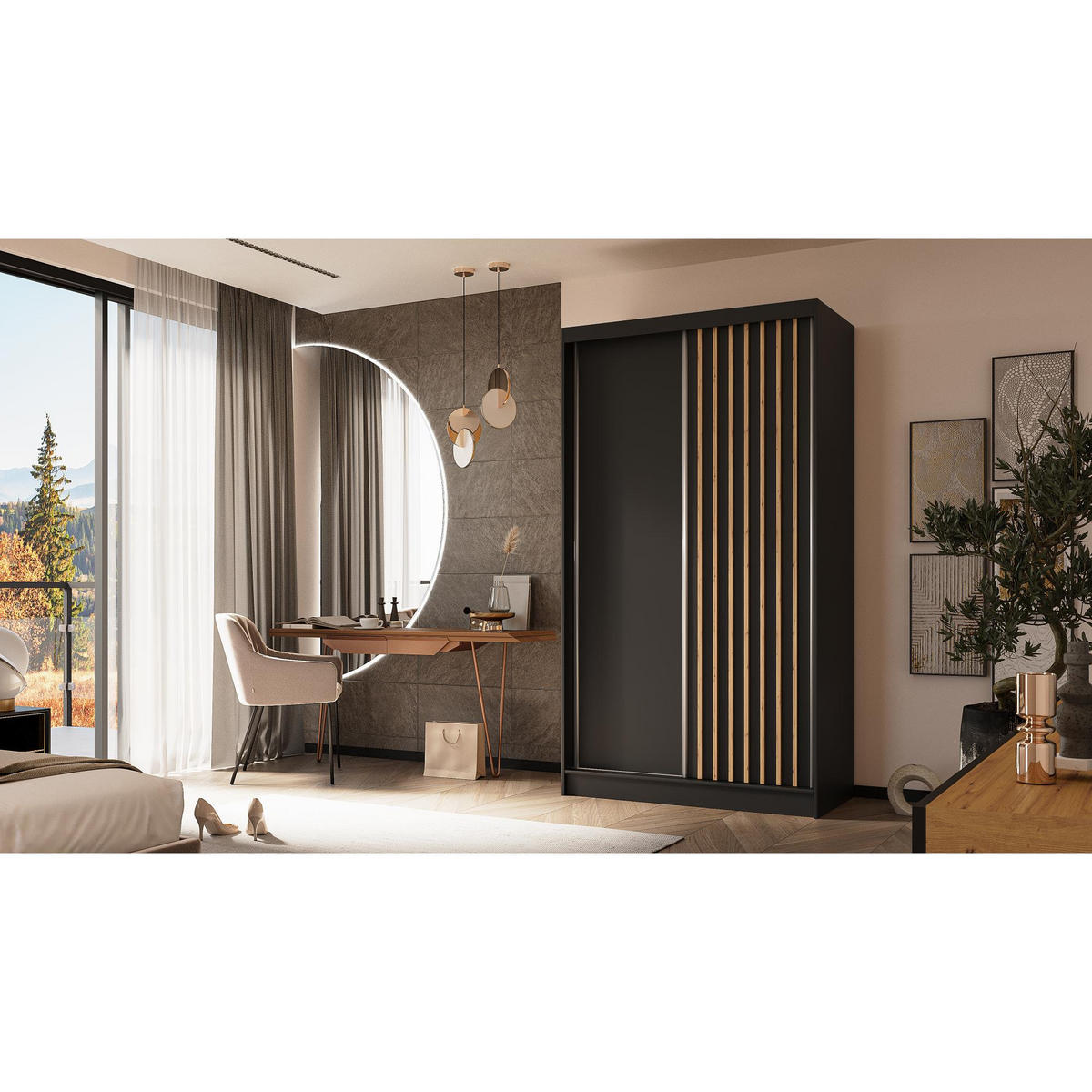 SCHWEBETÜRENSCHRANK Helios 120/216/61 schwarz+eiche Artisan mit Schubladen - Schwarz/Eiche Artisan, Holzwerkstoff (120/216/61cm) - Beautysofa
