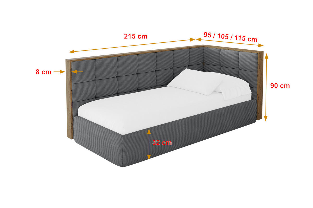 EINZELLBETT Jugendbett mit Bettkasten und Matratze H3/H4, Links - SOVY 90x200 Dunkelgrau - Graphitfarben, Holzwerkstoff/Textil (90/200cm) - ALTDECOR