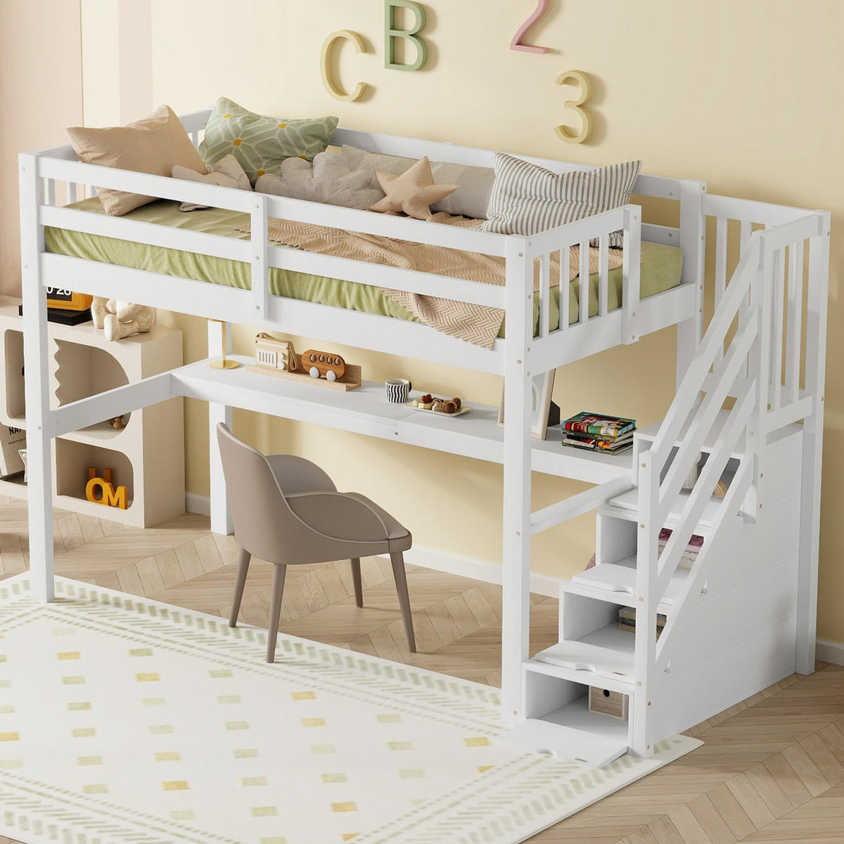 HOCHBETT 90/200 cm aus Kiefer und MDF mit Stauraumtreppe und Schreibtisch Weiß - Weiß, Holz (90/200cm) - Modenvie