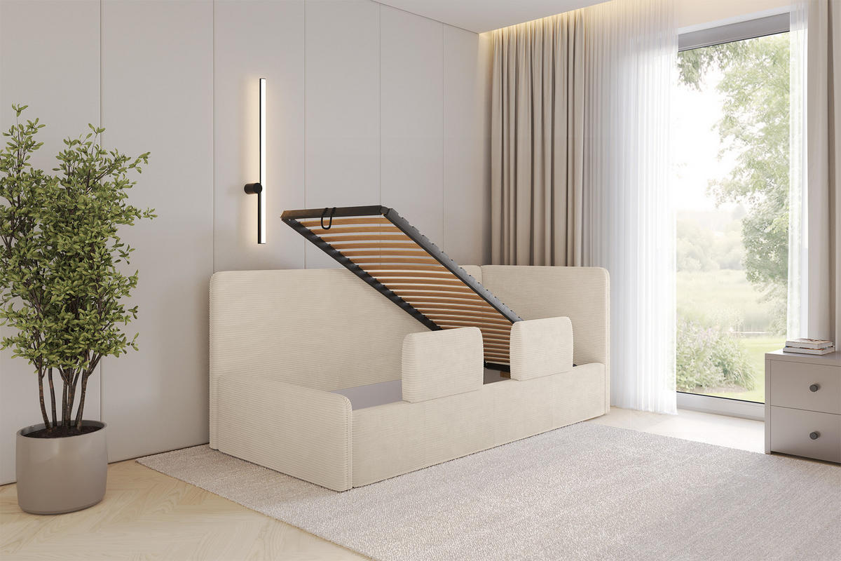 EINZELLBETT Jugendbett mit Bettkasten und Matratze H3/H4, Links - NORY 90x200 Beige - Creme, Holzwerkstoff/Textil (90/200cm) - ALTDECOR
