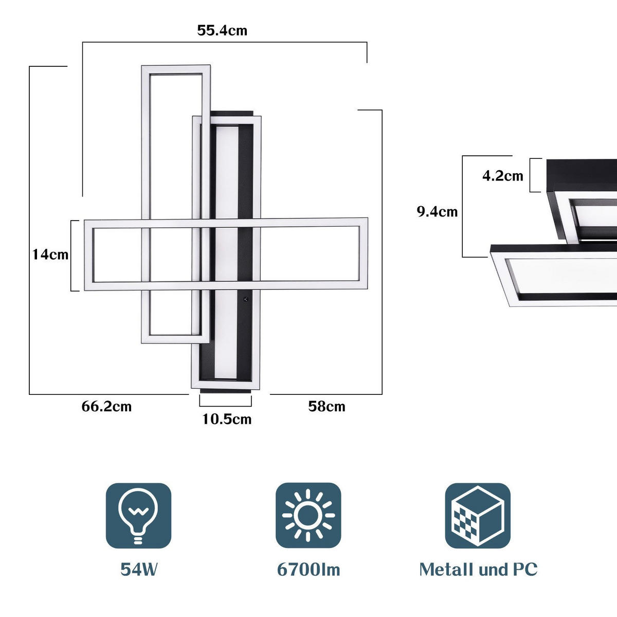 LED-DECKENLEUCHTE Mahoney 55.5/66.5/9.7cm - Schwarz, Metall (66.5/55.5/9.7cm) - Nettlife