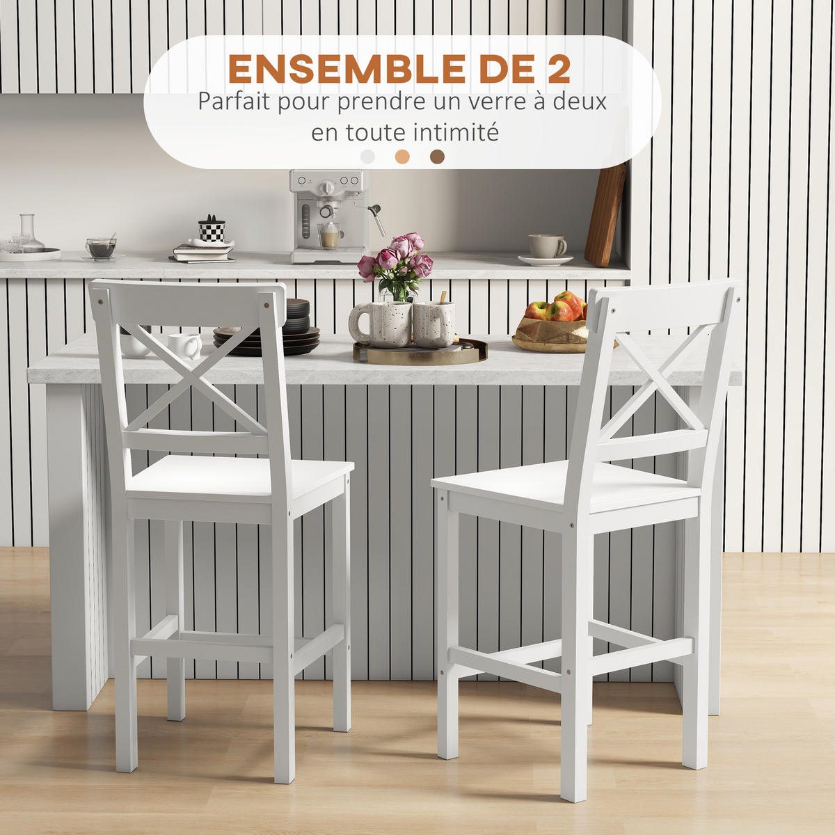 BARHOCKER 2er-Set DE-14738 Landhausstil mit Fußstütze Weiß - Weiß, Holzwerkstoff (46/97.5/41cm) - ComfortXL
