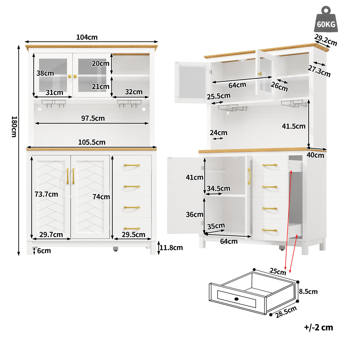 BUFFETSCHRANK landhausstil weiß 180 cm hoch mit app-led & gläserhalter - Weiß, Holzwerkstoff (105.5/180/40cm) - Urban Meuble