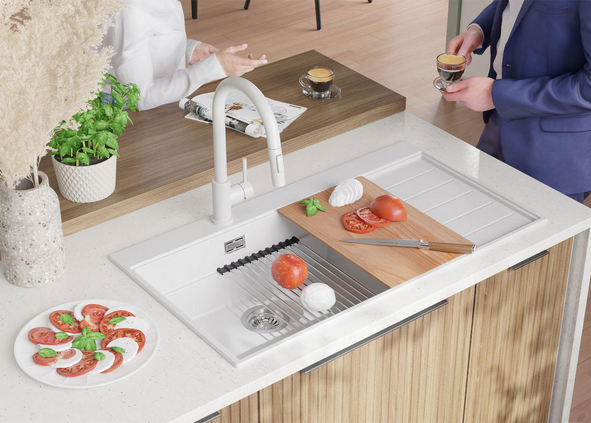 GRANITSPÜLE Sydney, 2-er set Weiß 90/50 cm 1 Becken + Küchenarmatur 32/20 cm + Ablauf-Set + Küchenzubehörset ab 60er Unterschrank - Chromfarben/Beige, Kunststoff (90/20/50cm) - Primagran