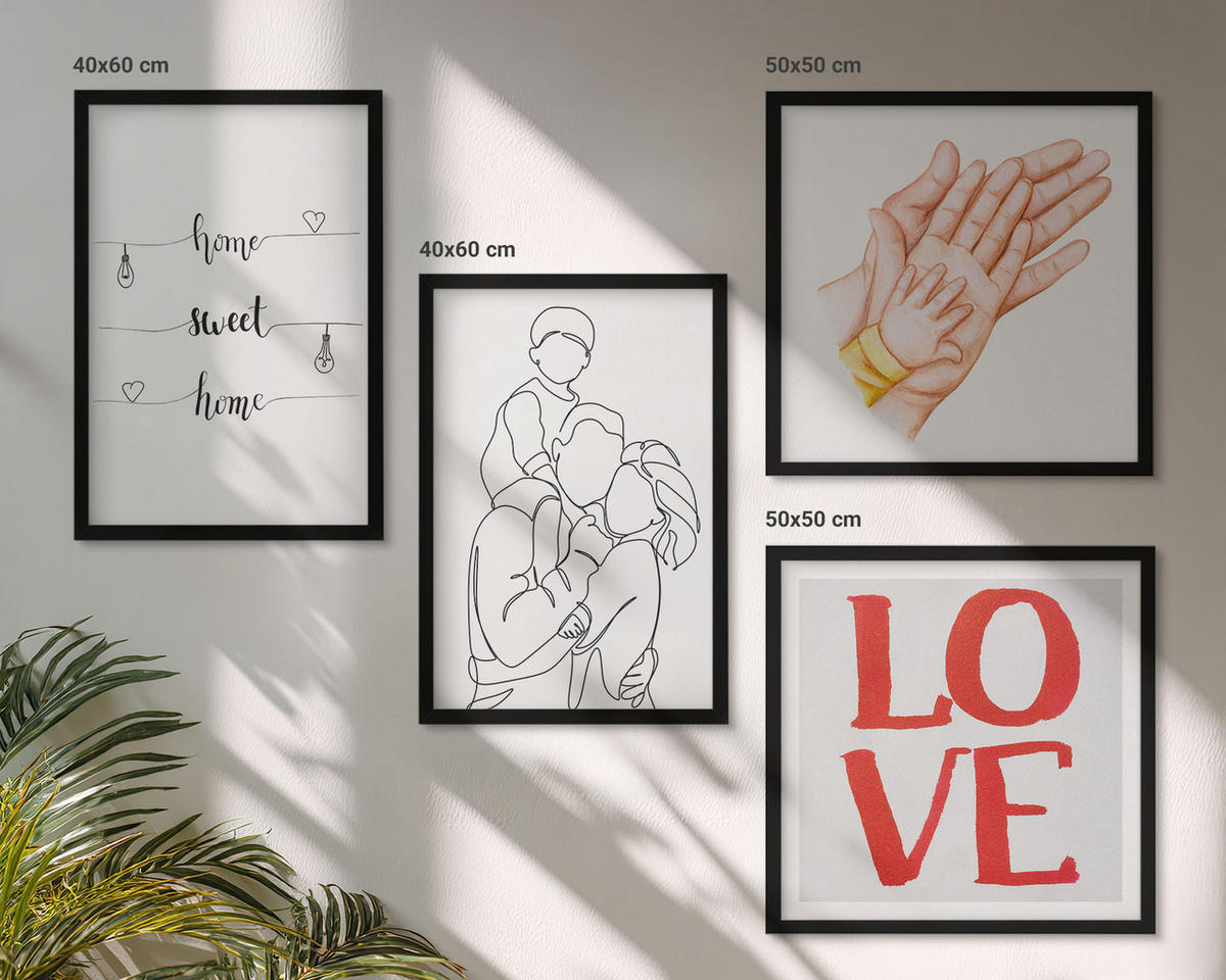 WANDBILDER 4er-Set - 50x50 cm & 40x60 cm Schwarzer Rahmen - Familienillustrationen Hausschilder - Schwarz, Kunststoff (50/50cm) - ArtPrintCave