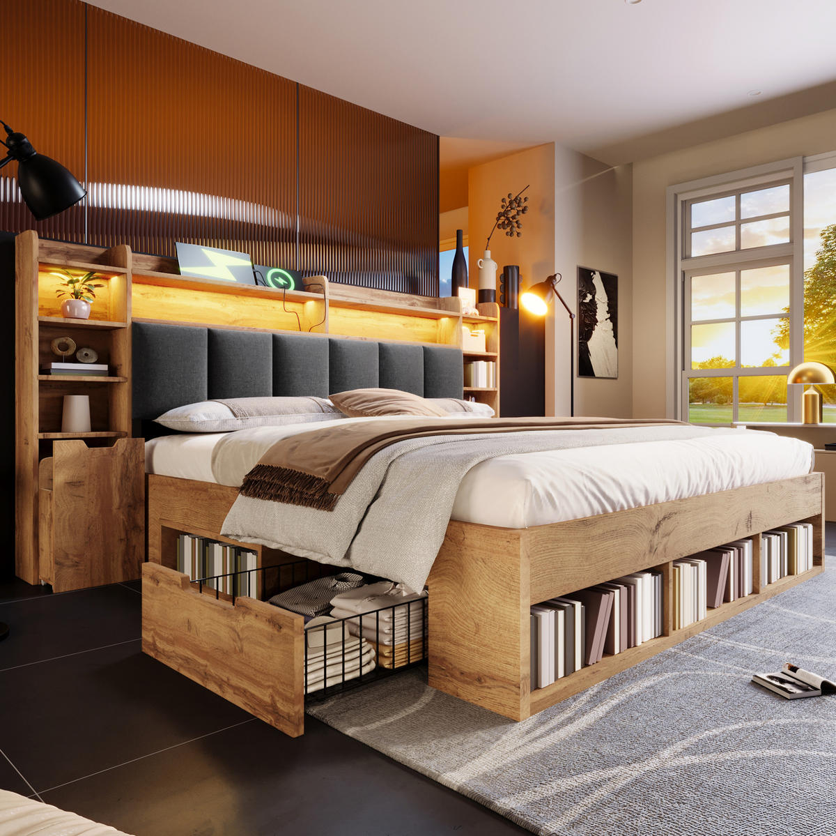 SYSTEMBETT 160/200 cm mit LED-Beleuchtung, USB-Anschlüssen, Stauraum und Rollschubladen , Eichefarben - Eichefarben, Holzwerkstoff (160/200cm) - Redom