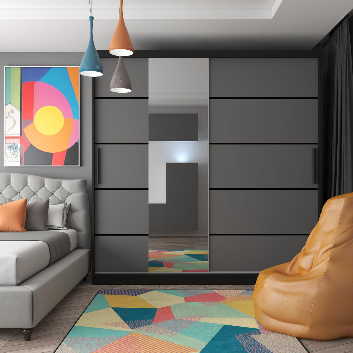 SCHWEBETÜRENSCHRANK Verona MBP, Schwarz/Grau Matt, 200 cm, mit Spiegel - Grau, Holz (200/216/60cm) - B BELINI GROUP