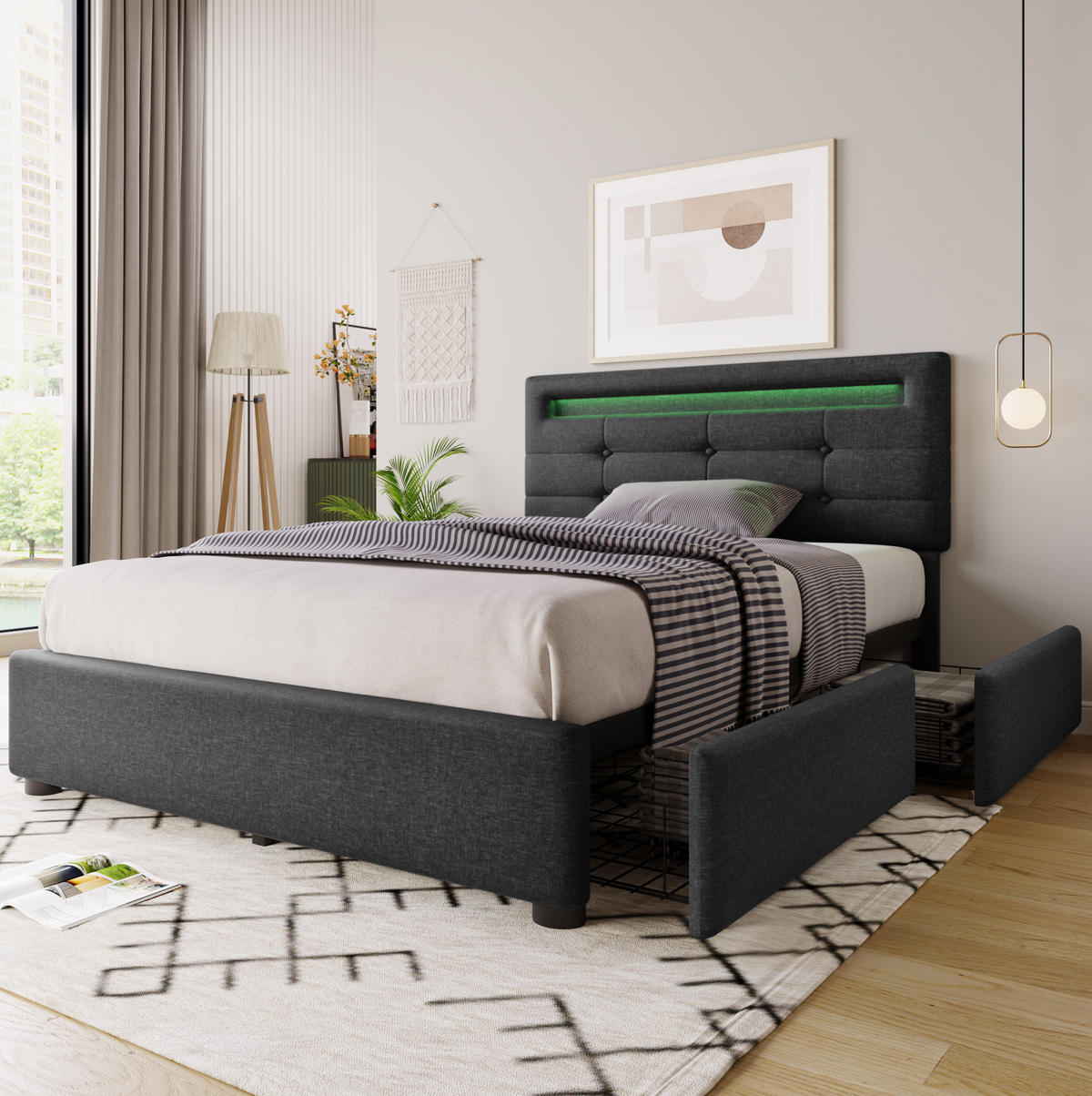 POLSTERBETT mit LED-Beleuchtung 90/200 cm inkl. Matratze und 2 Schubladen - Grau, Textil (90/200cm) - BEAOK