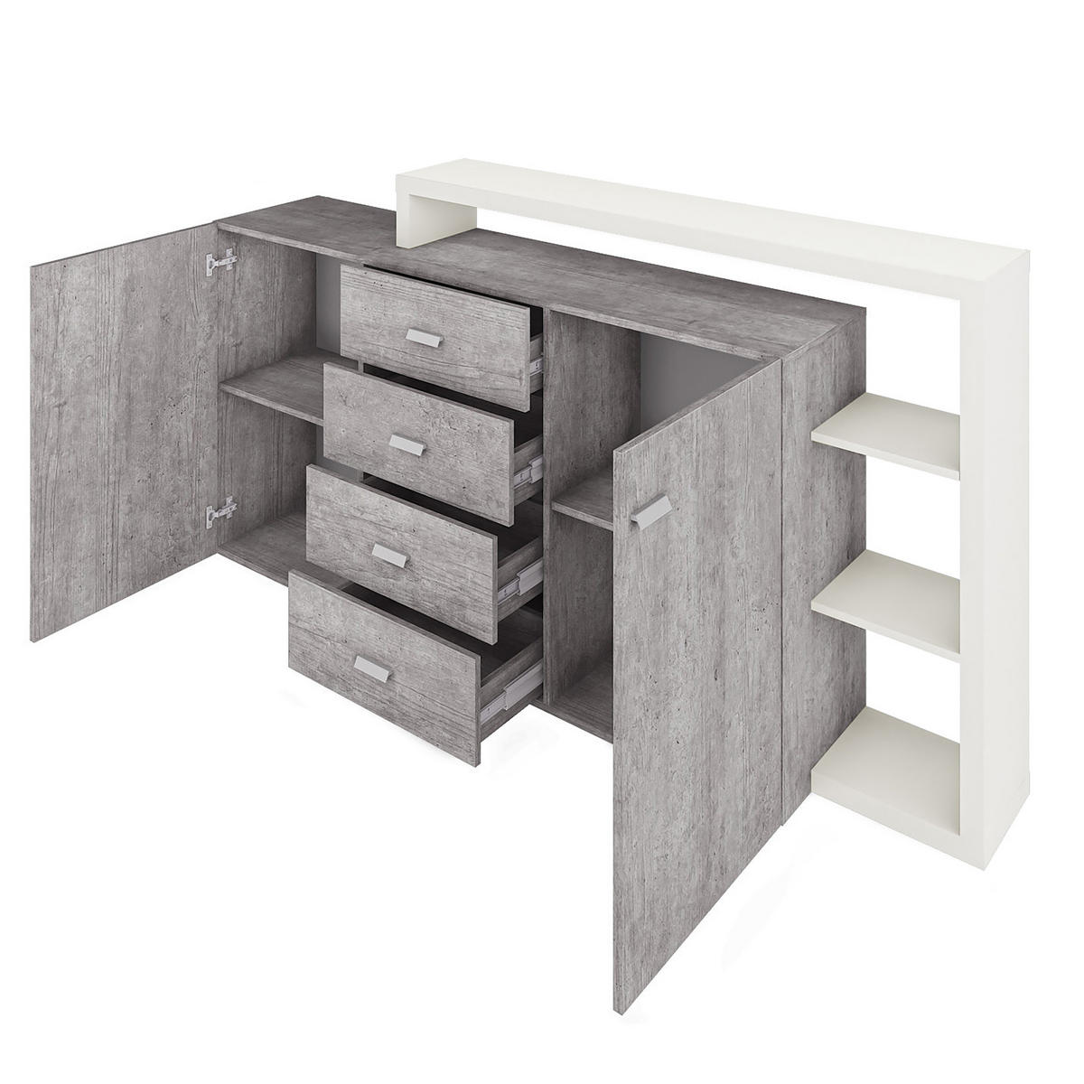 SIDEBOARD BOTTEGA 180/98/37 cm mit 4 Schubladen und 2 Türen Weiß - Titanfarben/Weiß, Holzwerkstoff (180/98/37cm) - MASSENO