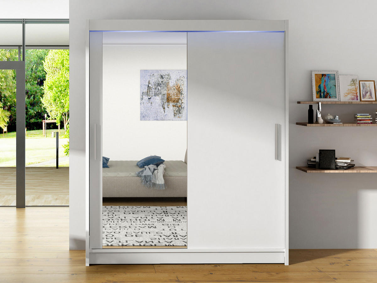 SCHWEBETÜRENSCHRANK Westa VI, mit RGB LED Beleuchtung - Silberfarben/Weiß, Holzwerkstoff/Metall (150/200/58cm) - MIRJAN24