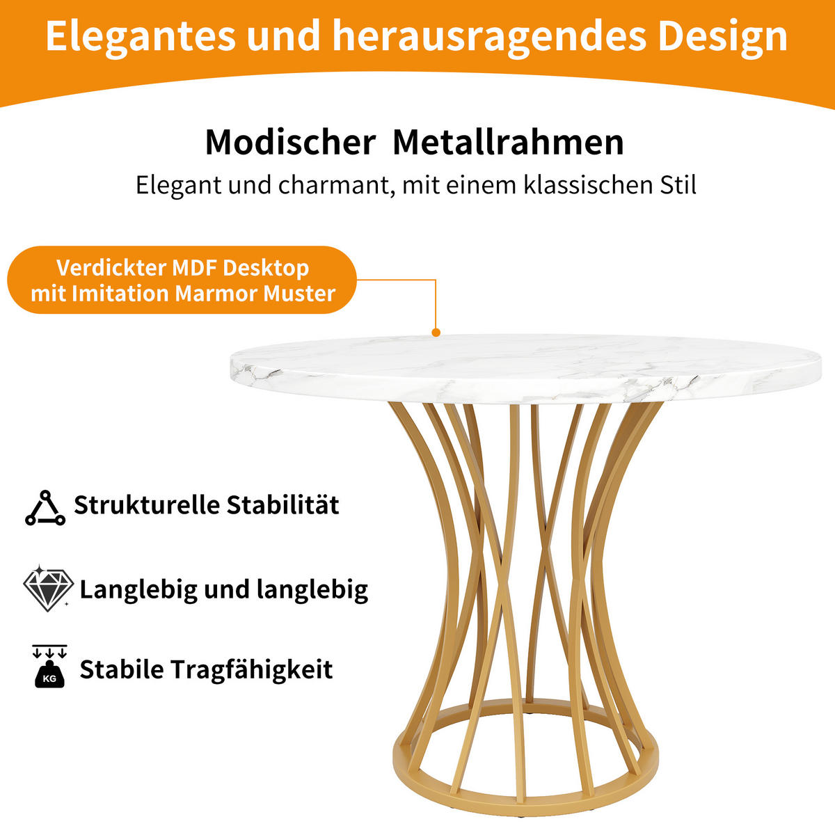 ESSTISCH SET mit 4 Stühlen, Weißer Marmoroptik und Goldenes Gestell - Beige, Holzwerkstoff/Textil (80/76/80cm) - Urban Meuble