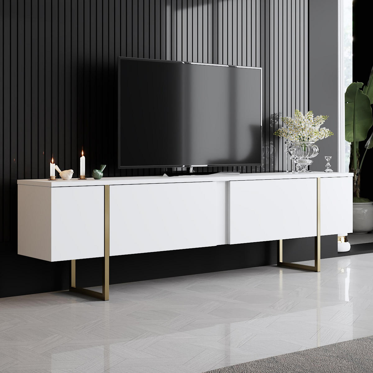 TV-MÖBEL Luxe Weißgold - Weiß, Holz (180/50/30cm) - Habitat Garten
