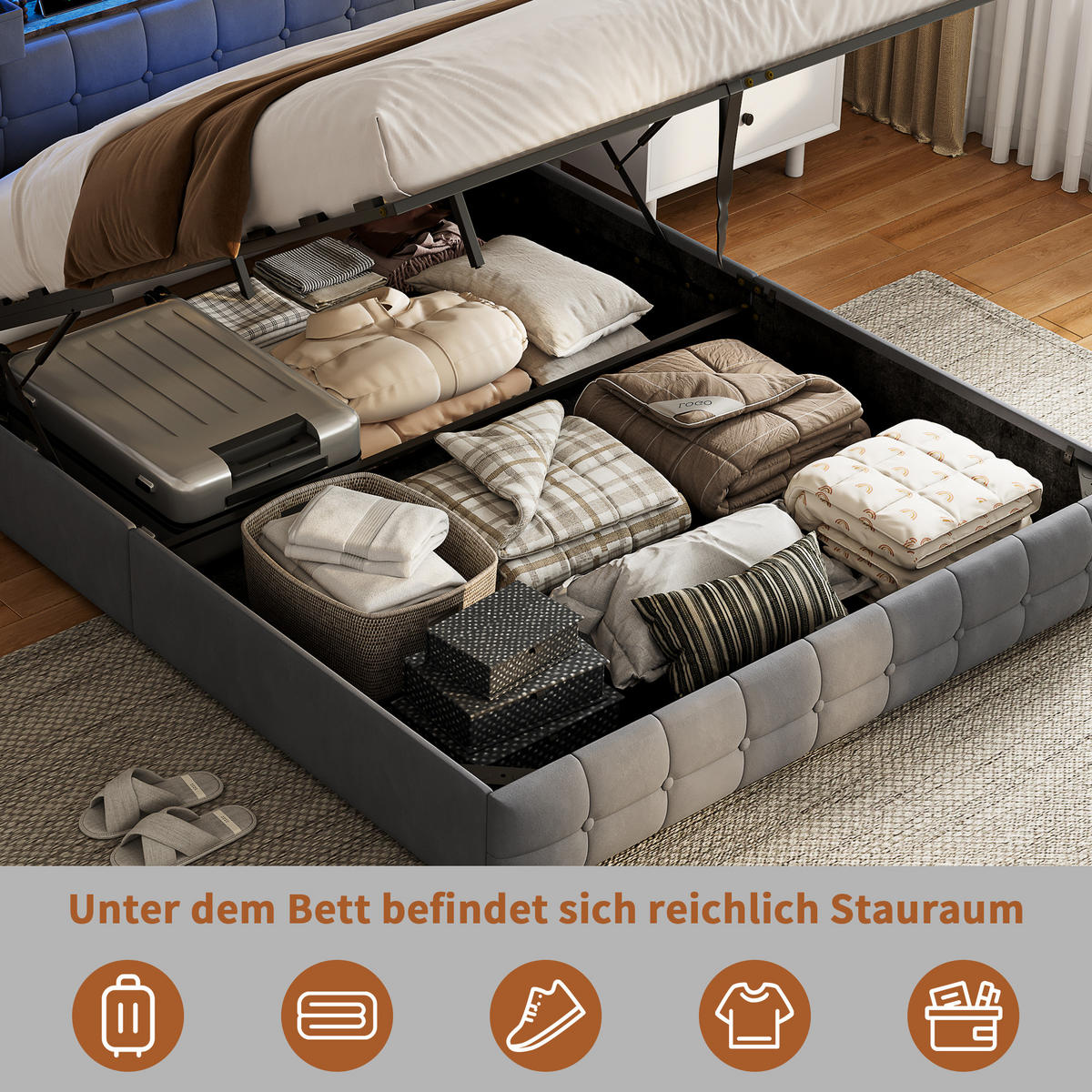 BETT 160x200 mit 2 Schubladen am Kopfteil, Hydraulik-Stauraum, LED und USB, Samt in Grau - Grau, Holz (160/200cm) - BRILVERDE